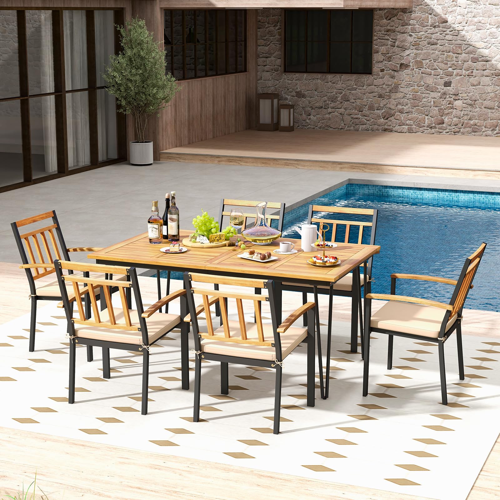 Tangkula 7 Pieces Patio Dining Set with Acacia Wood Dining Table & Armchairs, Soft Cushions, 2” Umbrella Hole, Outdoor Dining Furniture Set for Porch, Backyard, Garden, Poolside