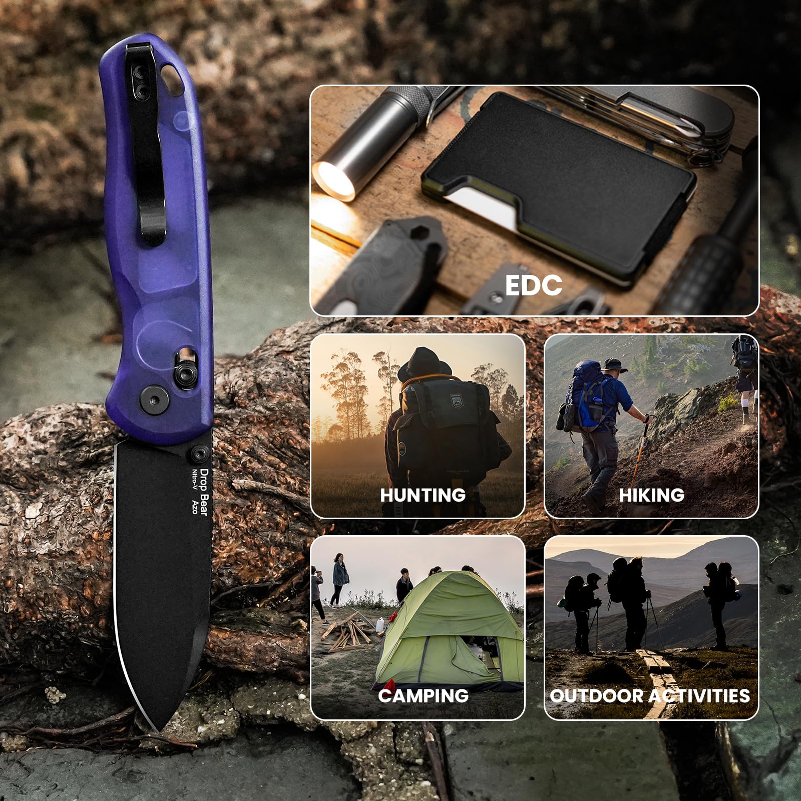 Kizer Drop Bear EDC Pocket Knife, 2.97” Nitro-V Steel Blade Magic Blue PC Folding Knife with Thumb Stud Opener, Lightweight Clutch Lock Camping Hunting Knife for Men Women Gift V3619A5