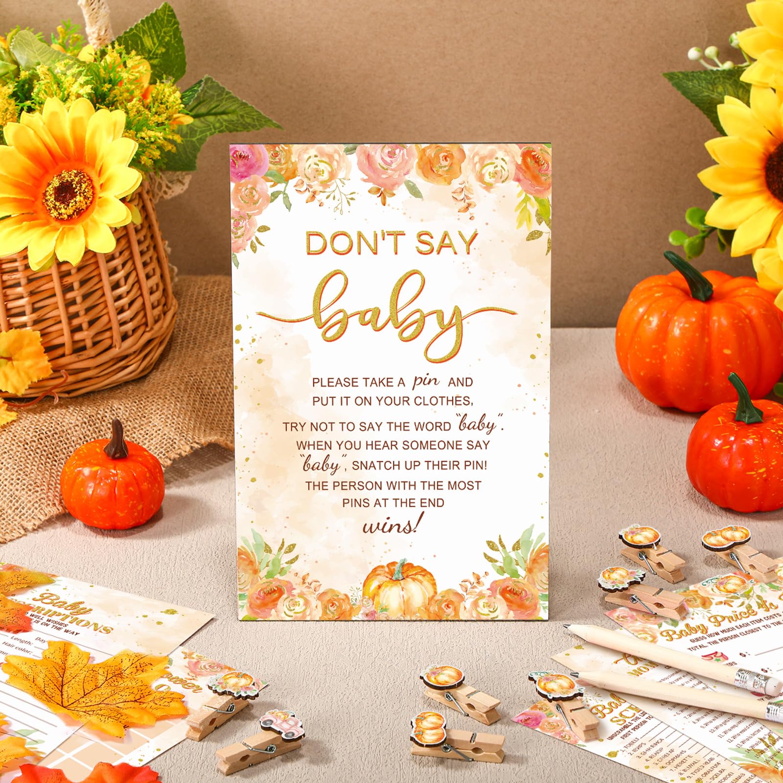 Patelai 321 Pcs Little Pumpkin Baby Shower Games Supplies, Fall Pumpkin Baby Shower Games 5 Sets (50 Cards Each) Activities Cards with 20 Pencils 1 Don't Say Baby Sign 50 Clothespin