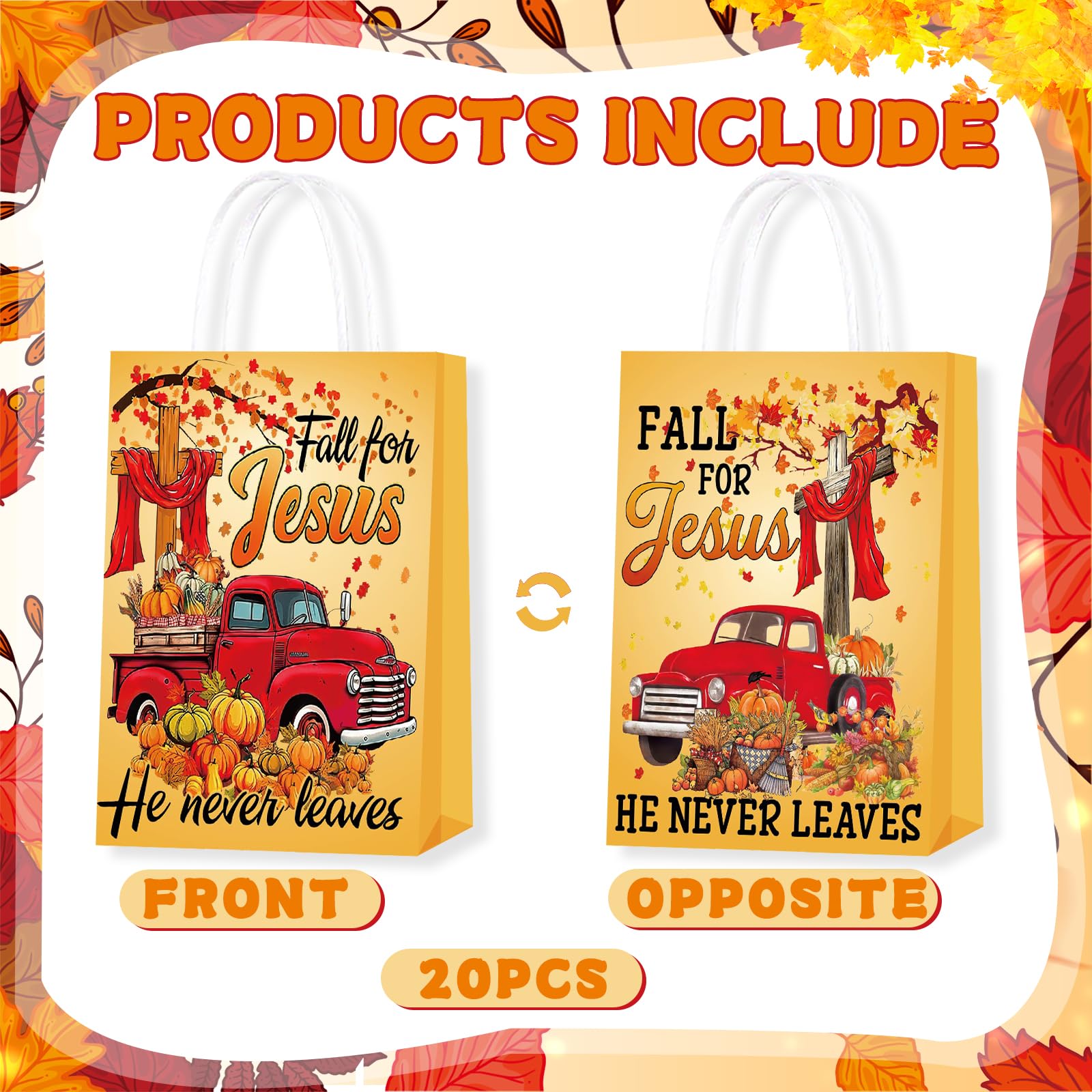 20Pcs Fall for Jesus He Never Leaves Gift Bags,Thanksgiving Gift Bags Pumpkin Autumn Maple Leaf Bible Decorations Christian Religion Gift Bags for Autumn Thanksgiving Day Party Decorations Jesus Party Supplies Gifts