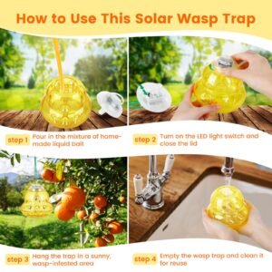 Solar Wasp Trap Outdoor Hanging, New Upgrade LED Blue Light Bee Traps Catcher, Wasp Insect Killer, Solar Panel Non-Toxic Reusable Hornet Yellow Jacket Trap for Garden, Yard (Yellow-2 Pack)