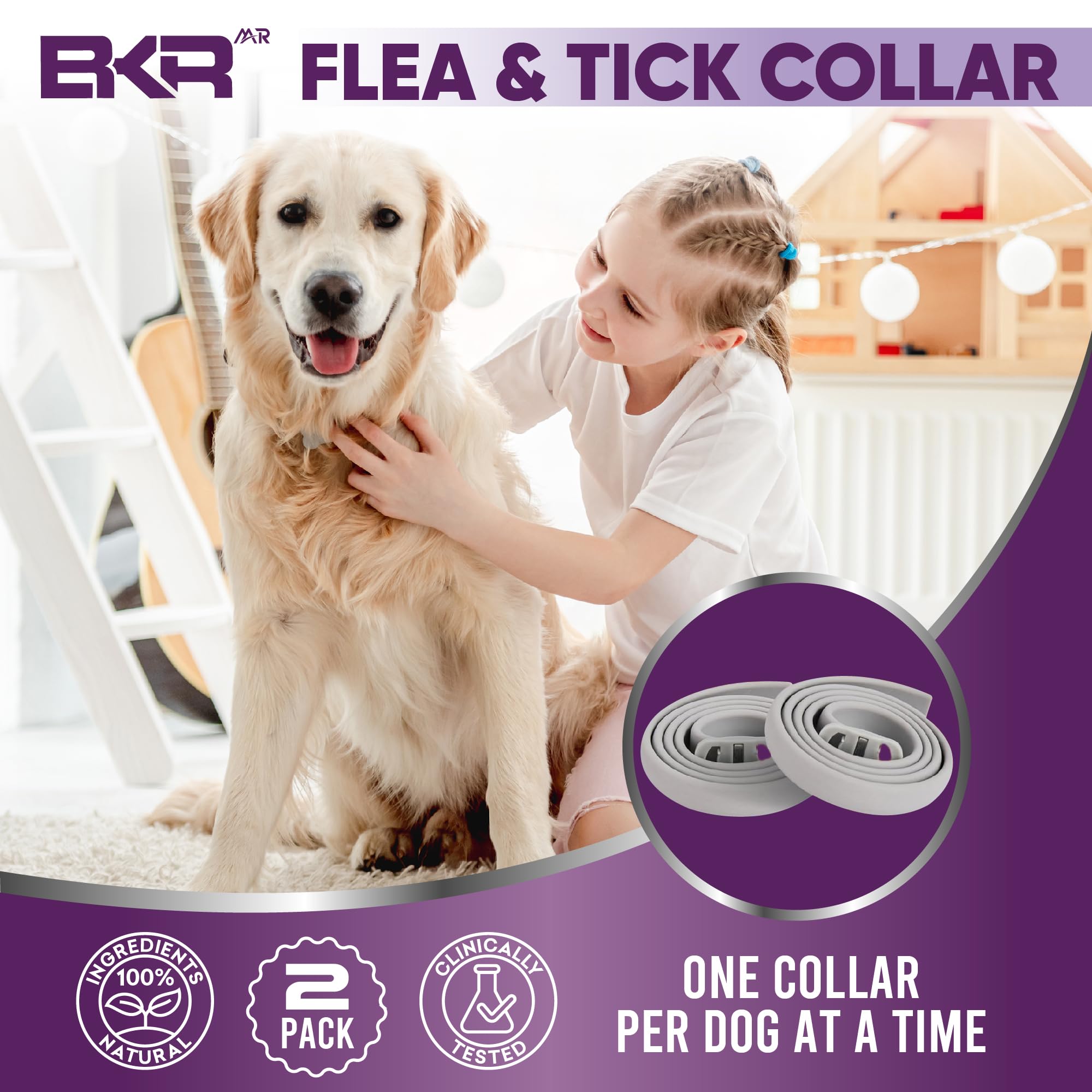 BKRMART Flea and Tick Collar for Dogs, 8 Months Protection Natural Dog Flea Collar and Tick Treatment, One Size Fits All Dogs Flea & Tick Prevention Collar 2 Pack