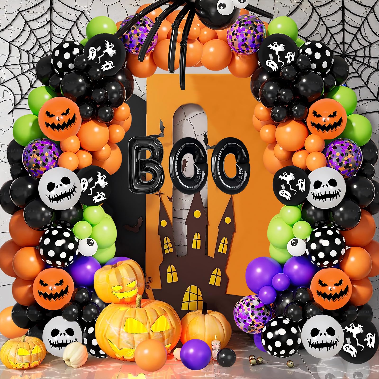 Arnzion 161 PCS Halloween Balloon Arch Garland Kit, Orange Black Purple Latex Party Balloons Set with BOO Foil, Confetti Balloons for Halloween Birthday Supplies, Halloween Party Decor