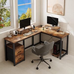 Gizoon 66” L Shaped Desk with Drawers, Large Corner Computer Gaming Desk with Power Outlet, Dual Monitor Stand and Shelves, Rustic Brown