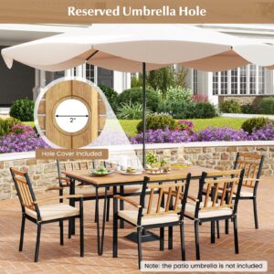 Tangkula 7 Pieces Patio Dining Set with Acacia Wood Dining Table & Armchairs, Soft Cushions, 2” Umbrella Hole, Outdoor Dining Furniture Set for Porch, Backyard, Garden, Poolside