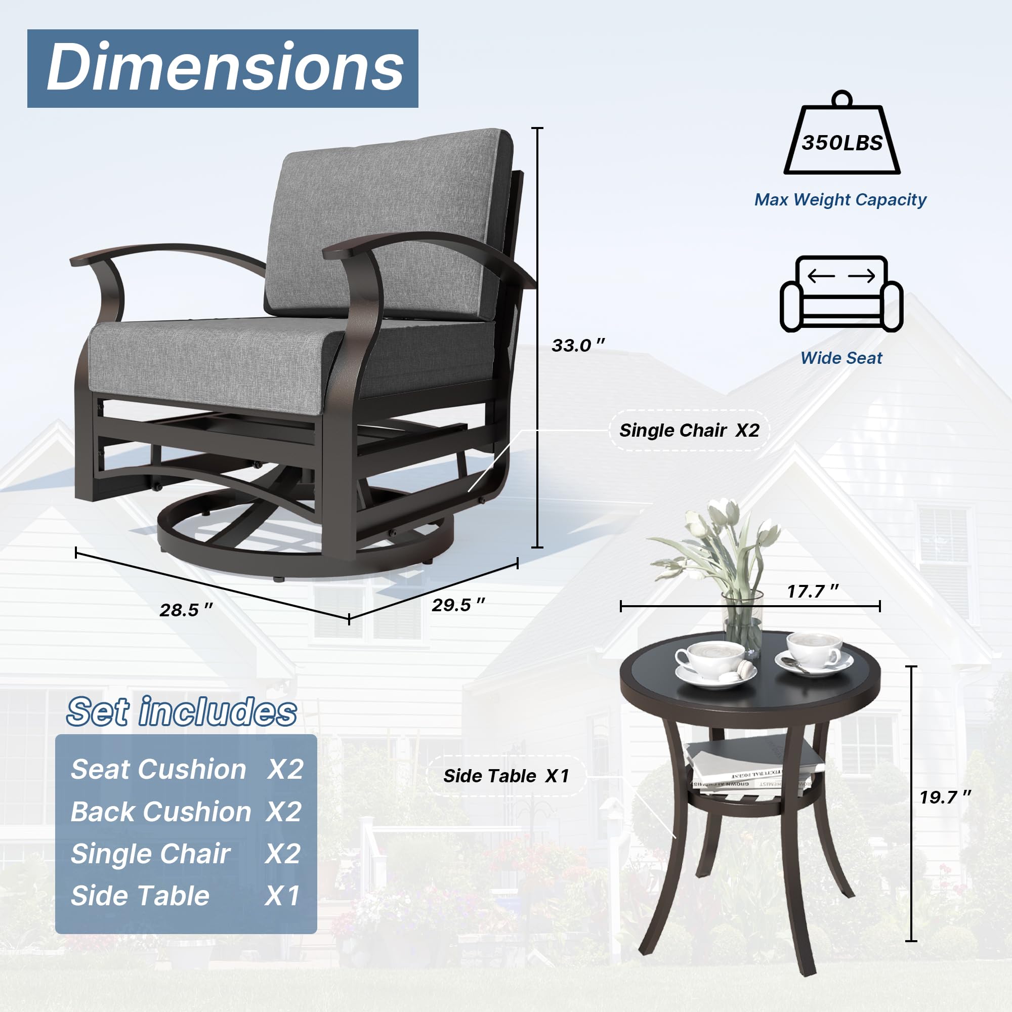 Kurapika 3 Pieces Patio Furniture Set, Outdoor Aluminum Swivel Gliders Rocker, Patio Bistro Set Rocking Chair with Thickened Cushions and Tempered Glass Side Table for Porch Garden Deck (Grey)