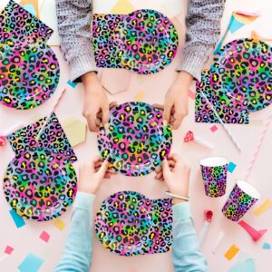 XIENBLOC 120pcs Neon Rainbow Leopard Birthday Party Supplies Plates Napkins Cheetah Girl's Sparkly Splatter Paper Tableware Set Disposable Cups Pink Forks 24 Guests