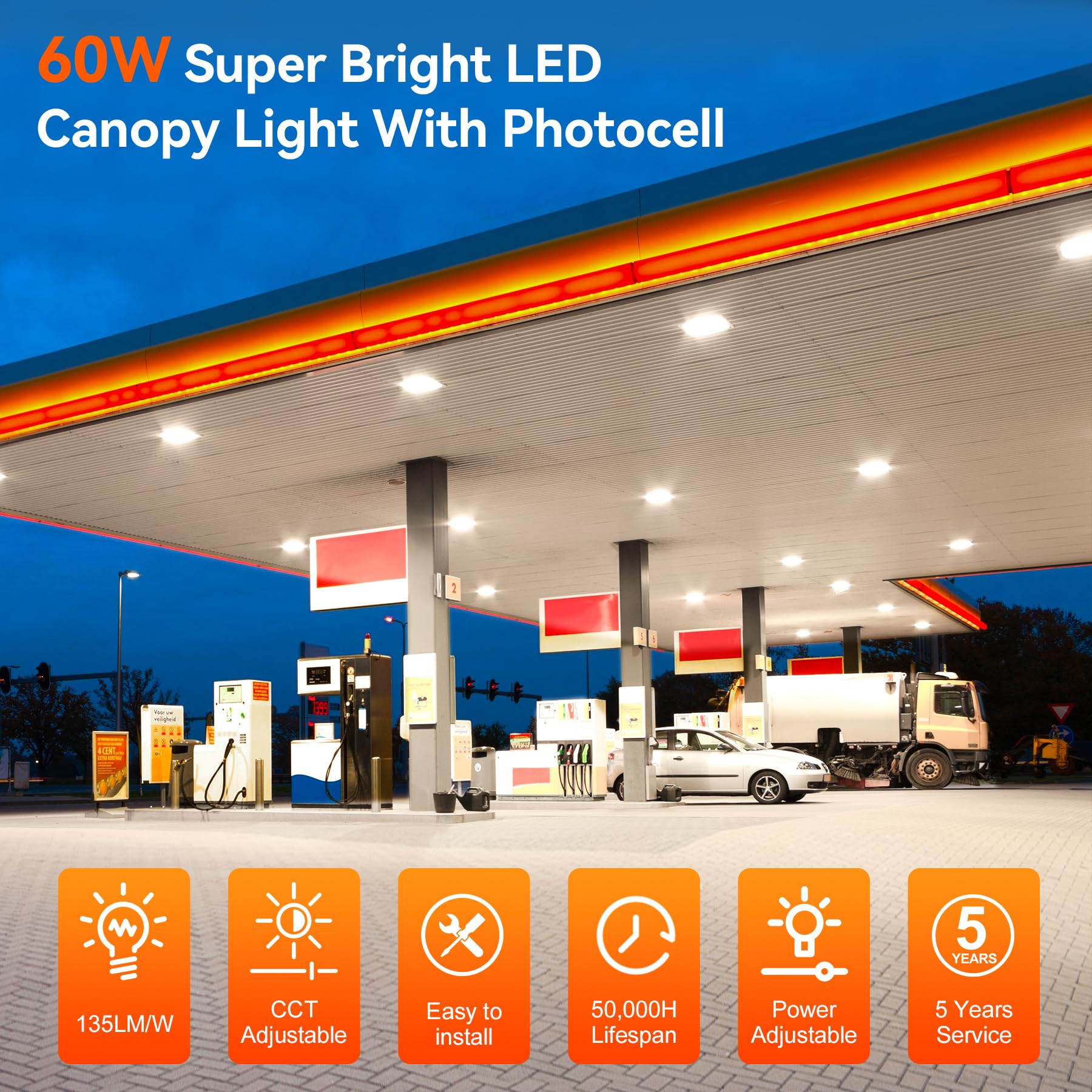 8Pack 60W LED Canopy Light with Photocell, 36W 48W 60W Adjustable, AC100-277V 8100LM 5000K/ 4000K/3000K Outdoor Carport Light Ceiling Light, IP65 Waterproof Commercial Canopy LED Lights, UL Listed