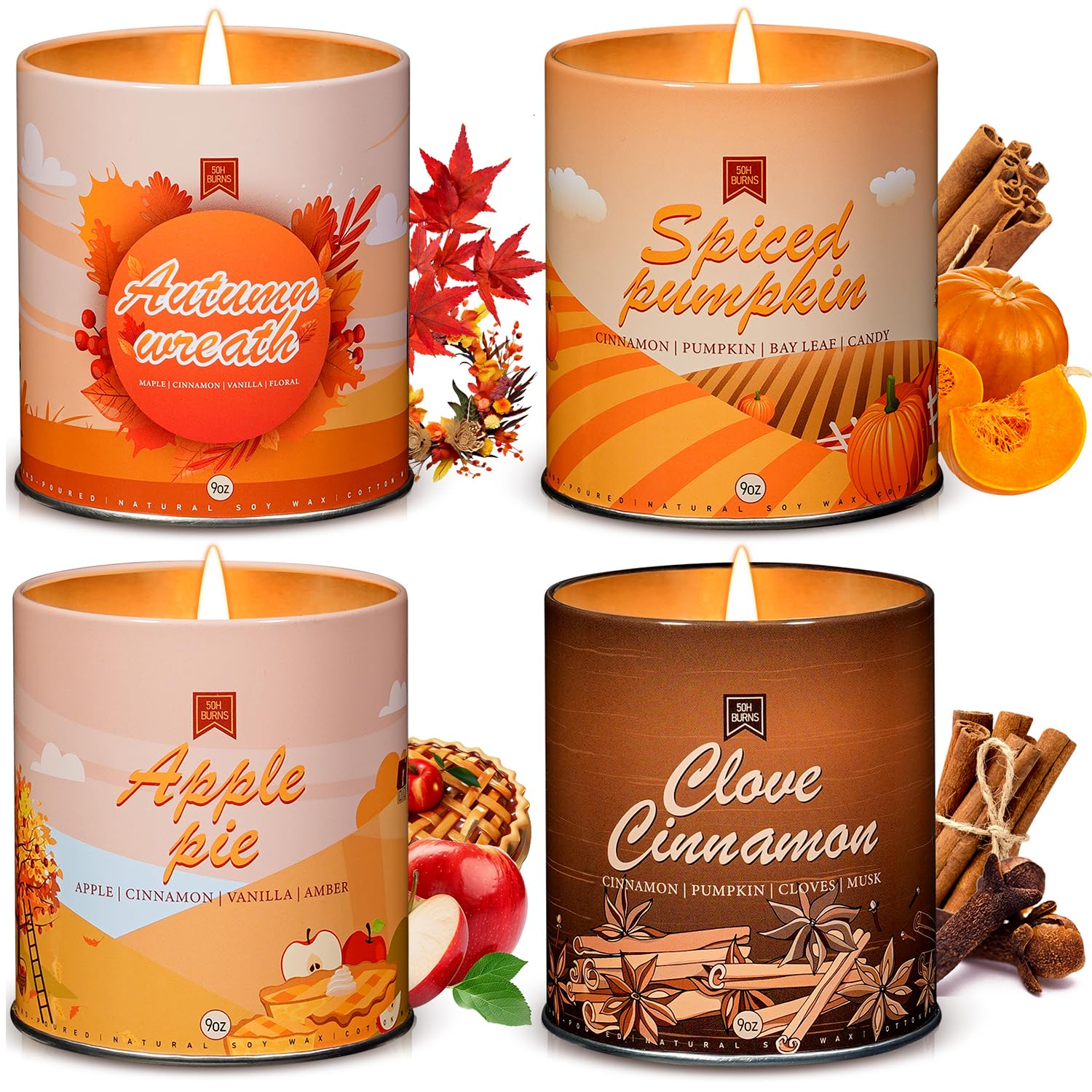 Fall Candle Set, Fall Scented Candles for Home, 4 Pack Autumn Candle Soy Wax Candles for Home Scent, Fall Gifts for Women Men, Fall Fragrance of Pumpkin/Autumn Wreath/Apple Pie/Clove Cinnamon