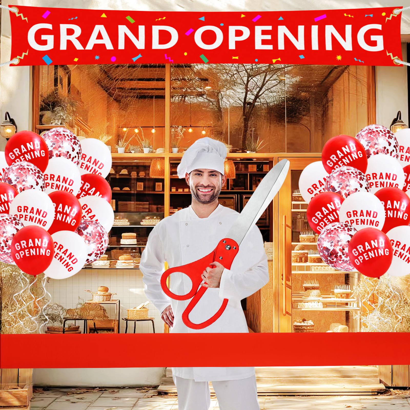 PURREITTI Red Grand Opening Ribbon Cutting Ceremony Kit with 25" Giant Scissors, 5Yd 4" Wide Ribbons, 10Ft Grand Opening Banner with Rope, 30 Pack Balloons Set with 3 Rolls 32Ft Ribbons