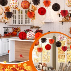 Retisee 18 Pcs Thanksgiving Party Decoration Fall Paper Lanterns Autumn Maple Leaves Paper Fans Round Honeycomb Orange Brown Lanterns Thanksgiving Hanging Decoration for Fall Harvest Party Supplies