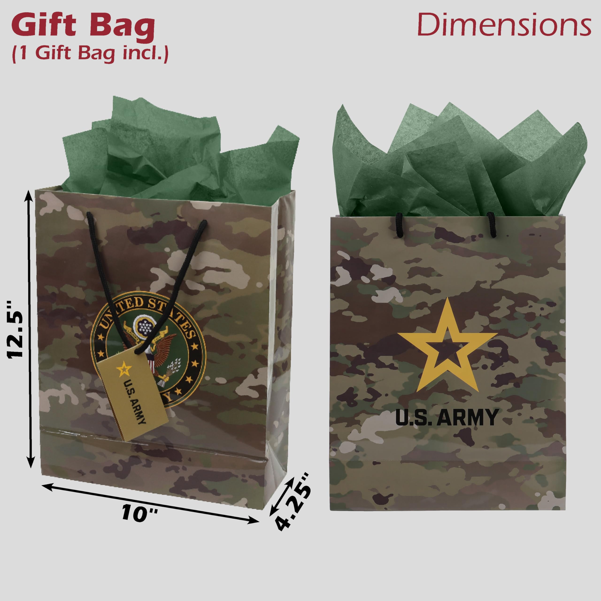 Havercamp U.S. Army Gift Bag (1) Durable Medium Gift Bag Includes 2 Hunter Green Tissue Papers, Black Rope Handles & Gift Tag, Army Themed Gift Bag, Veteran Gifts (Army Brown & Green)