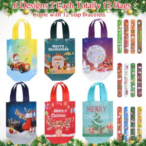 Christmas Gift Bags,12pcs Christmas Treat Bags Non-woven Waterproof Christmas Goodie Bag,Reusable Christmas Bags Bulk Party Favors Supplies Extra with 12 Pcs Christmas Slap Bracelets,8.3"*4.7"*10"