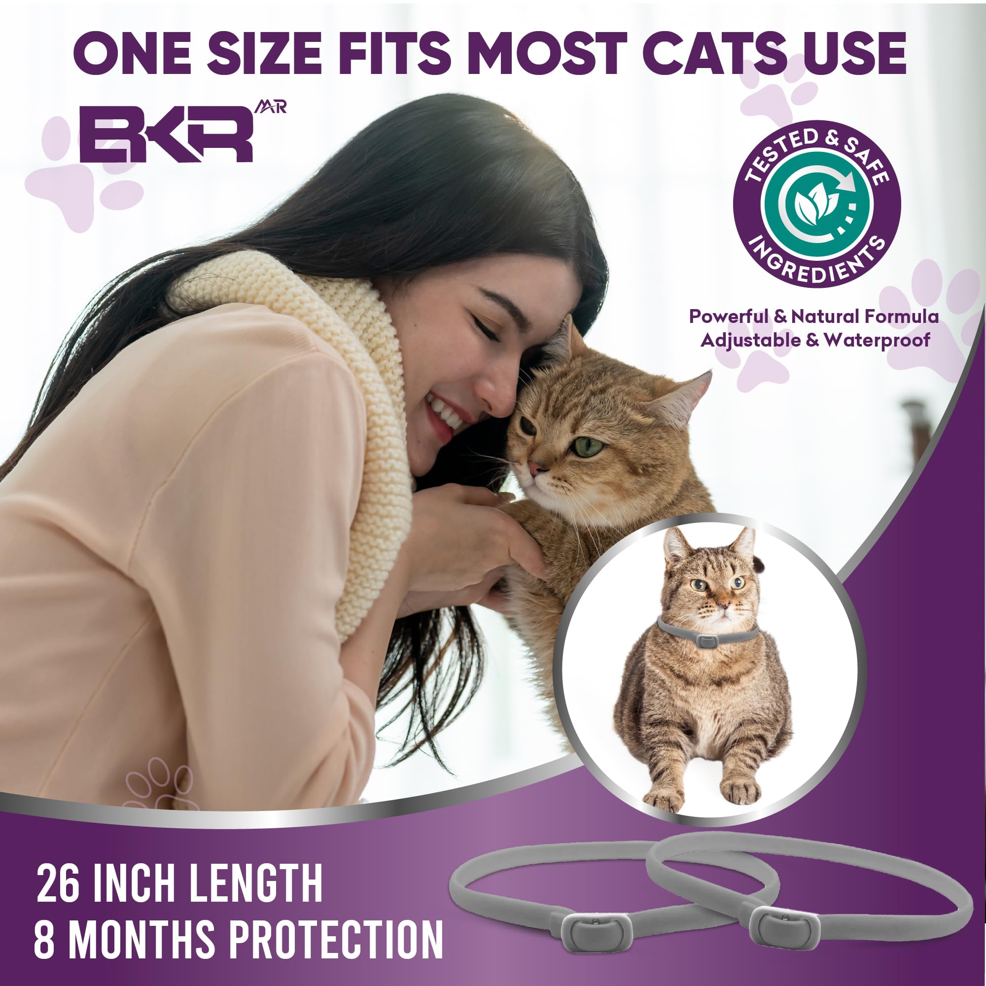 BKRMART Flea and Tick Collar for Cats, 8 Months Protection Natural Cat Flea Collar and Tick Treatment, One Size Fits All Cats Flea & Tick Prevention Collar 2 Pack