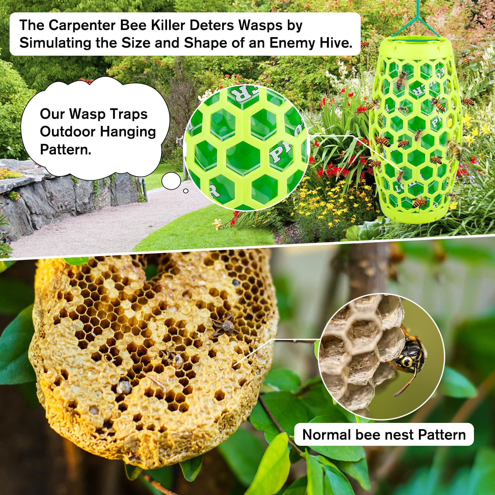 Wasp Trap Bee Trap Catcher, Outdoor Hanging Carpenter Bee Trap with 4 Sticky Boards, Non-Toxic Reusable Hornet & Yellow Jacket Traps (2 Pack, Green)