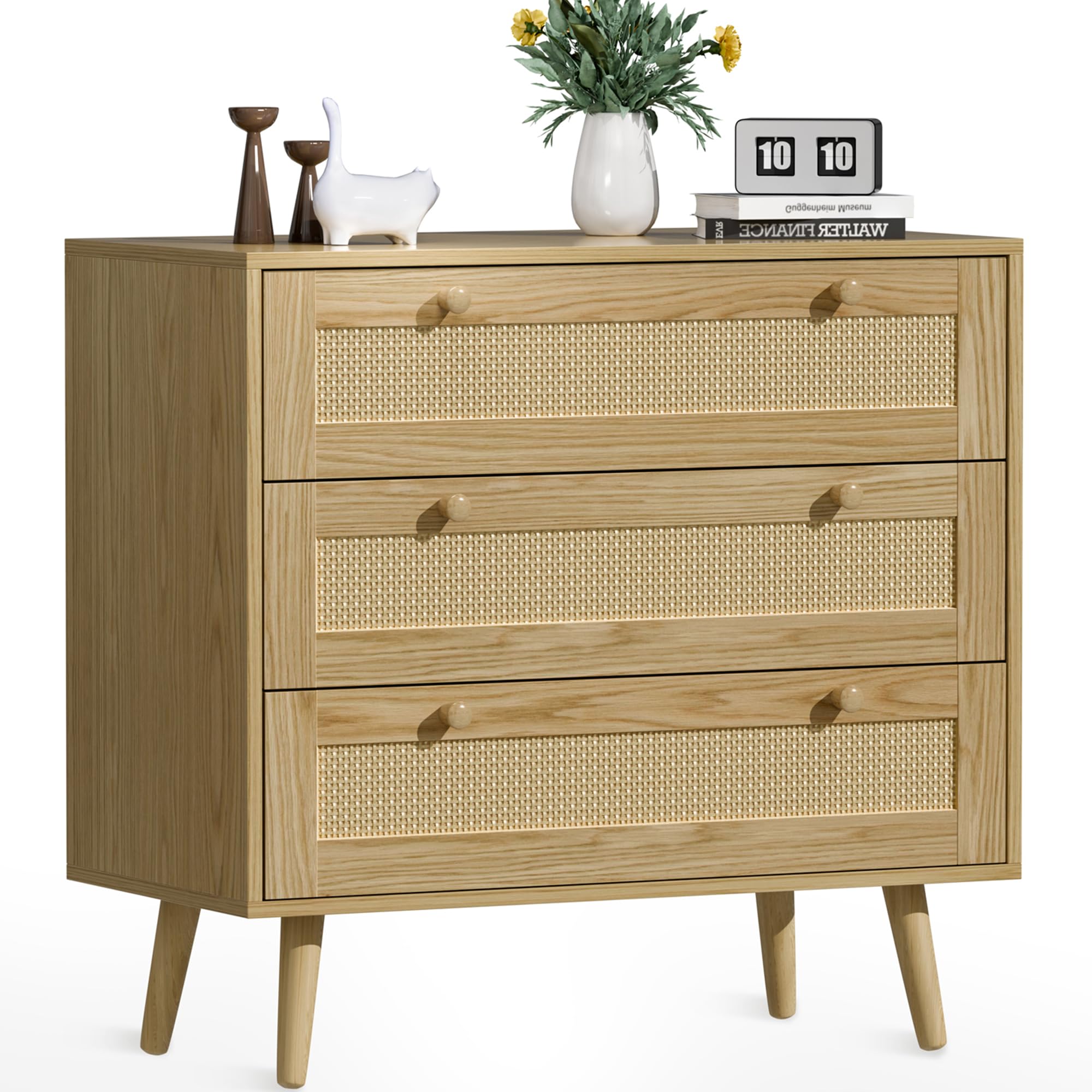 infurnic 3 Drawer Rattan Dresser for Bedroom, Modern Wooden Dresser Chest with Handles for Bedroom, Hallway and Living Room, Wood Oak