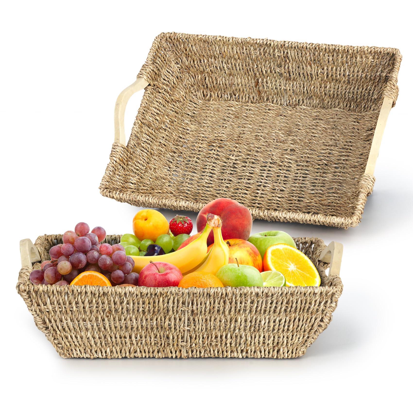 WEAVELYRICS 2-Pack Wicker Baskets with Wooden Handles, Hand-Woven Storage Baskets, Seagrass Wicker Baskets for Organizing, Decorative Baskets, Wicker Storage Baskets for Pantry, Shelves