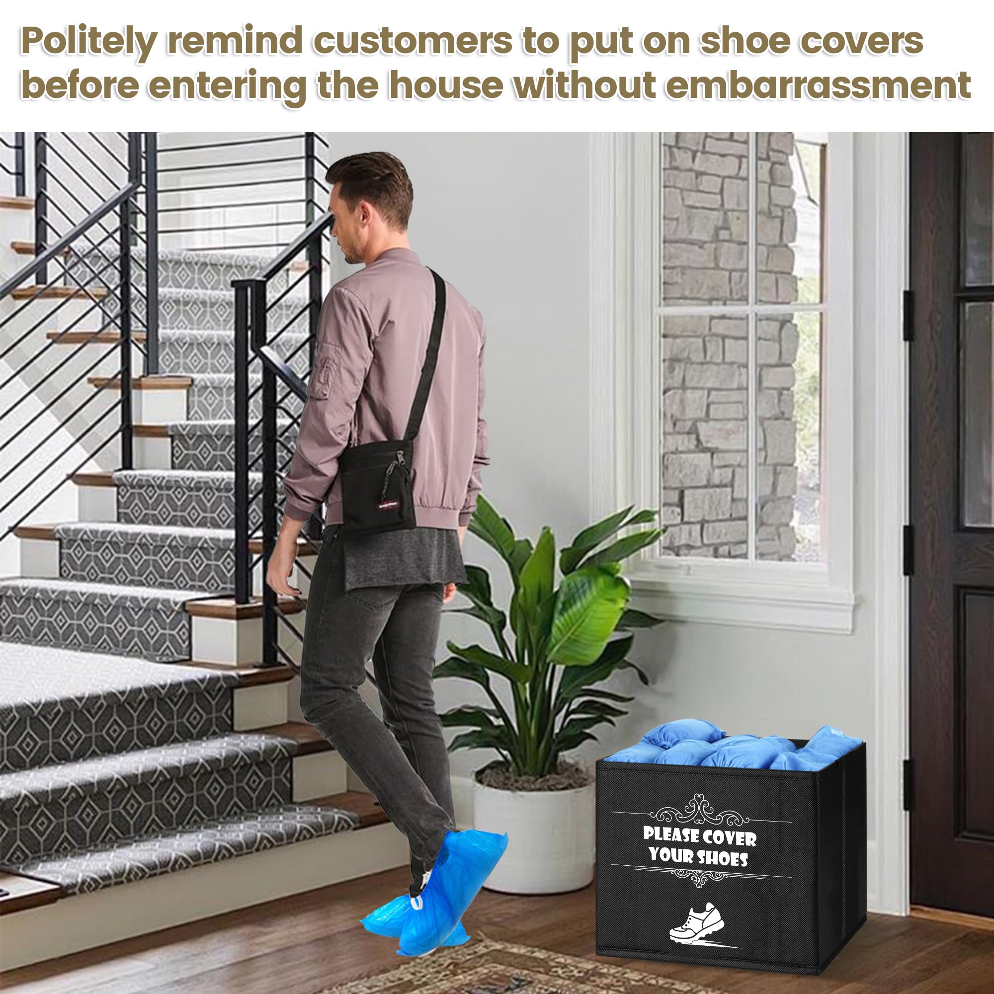 4 Pack Shoe Covers Box, Disposable Shoe Cover Dispenser for Open House, Indoor Homeowner Real Estate Agent Realtor Supplies, Foldable Please Cover or Remove Your Shoes Entryway Basket Storage Bins