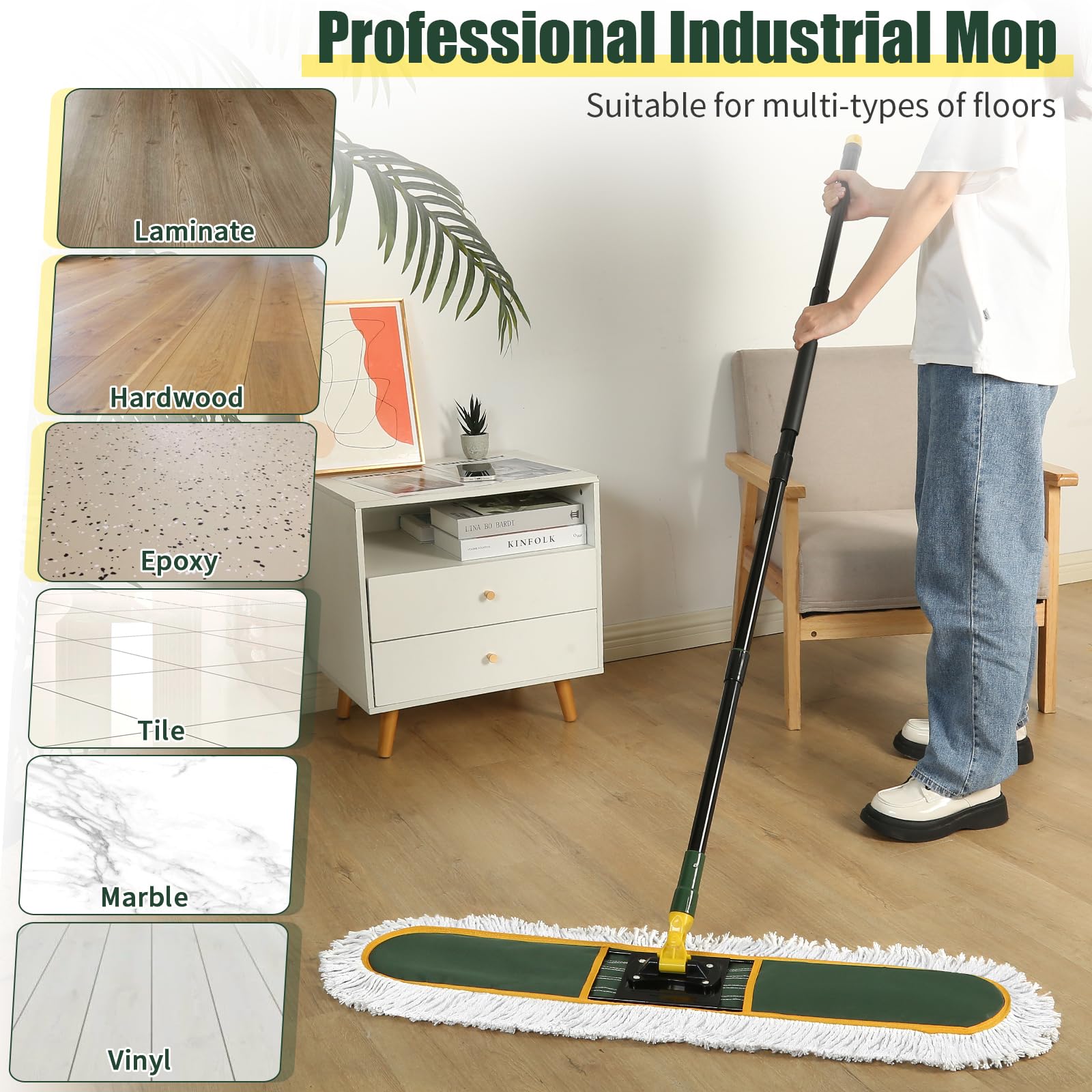 24" Commercial Dust Mop for Floor Cleaning, Heavy Duty Large Mop with Replacement Mop Pads, Industrial Duster Floor Wet Dry Mop for Cleaning Office Garage Hardwood Warehouse Factory Mall