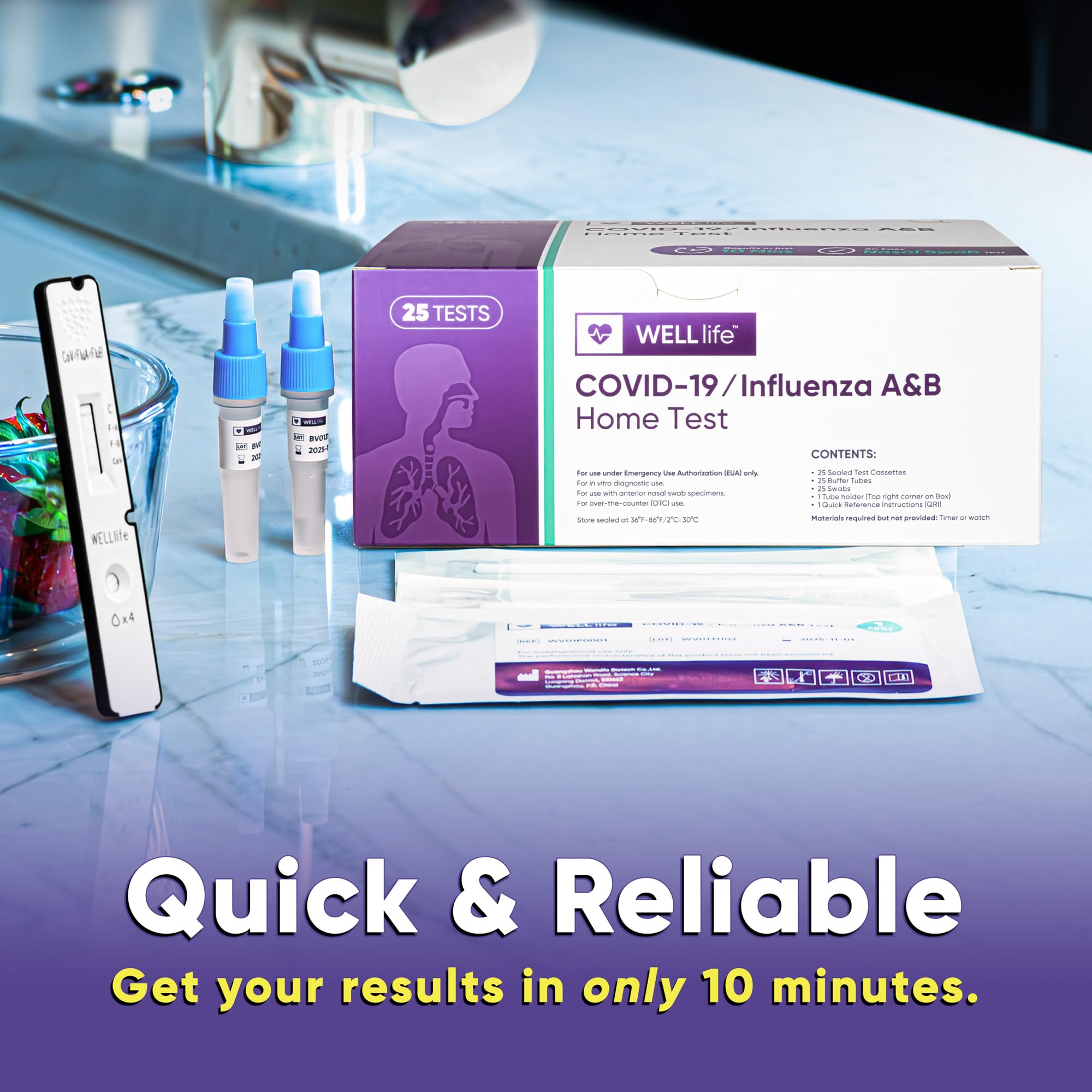 WELLlife COVID-19/Influenza A&B Home Test, Self Test for Flu A/B and COVID-19, Results in 10 Minutes with Non-invasive Nasal Swab, FDA EUA Authorized -[25 Tests]