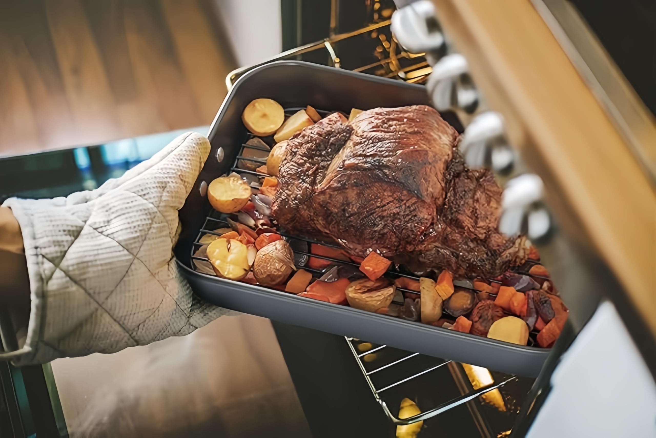 Roasting Pan with Rack and Handles-15" Heavy Duty Carbon Steel Roaster Pan for Oven - Turkey Chicken Meat & Vegetables,Toaster Oven Tray Pans with cooling rack,Baking Sheet with Rack Dishwasher Safe