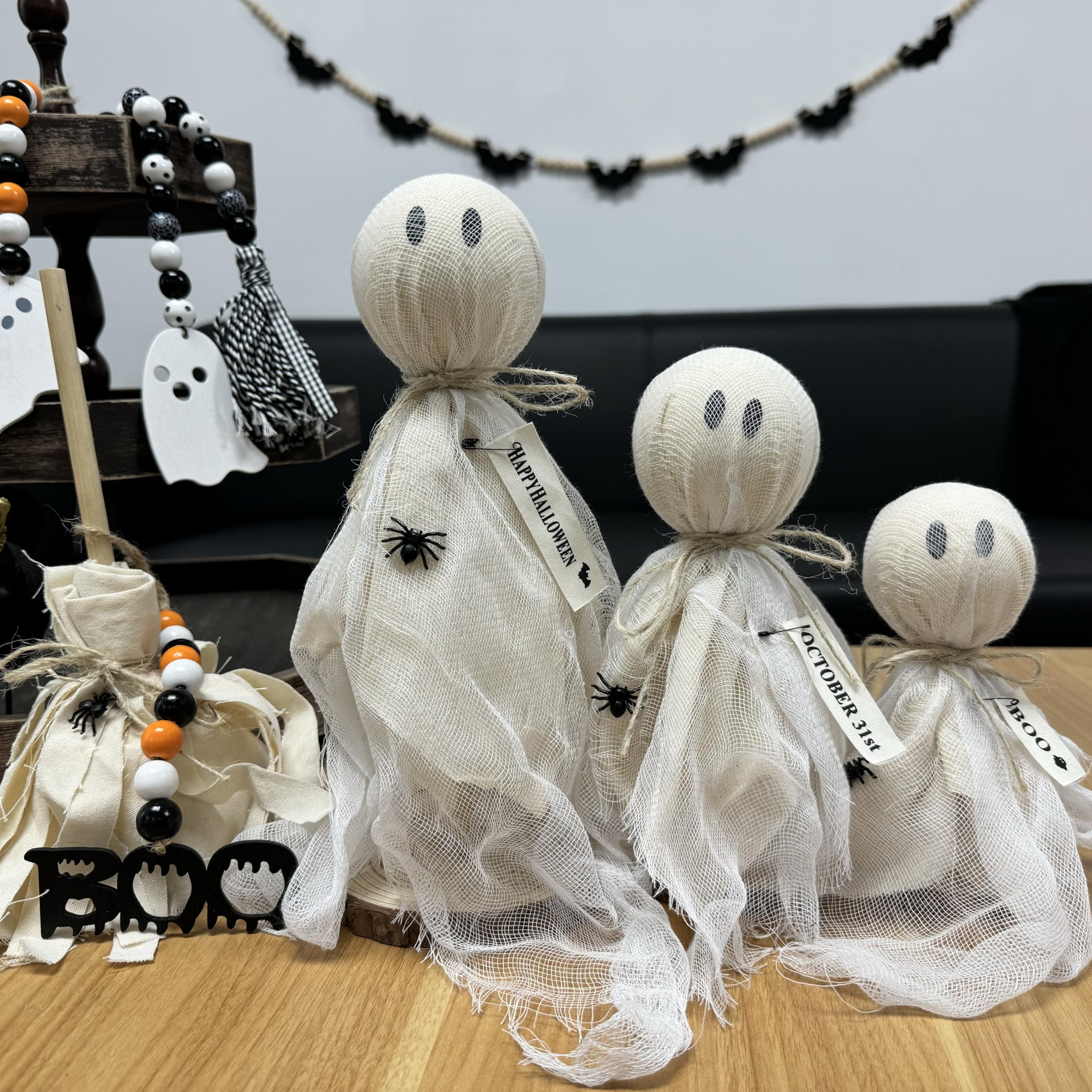 Seslust Set of 3 Primitive Halloween Ghosts on Wooden Stand - Spooky Table Centerpieces and Shelf Sitters for Indoor Halloween Decor