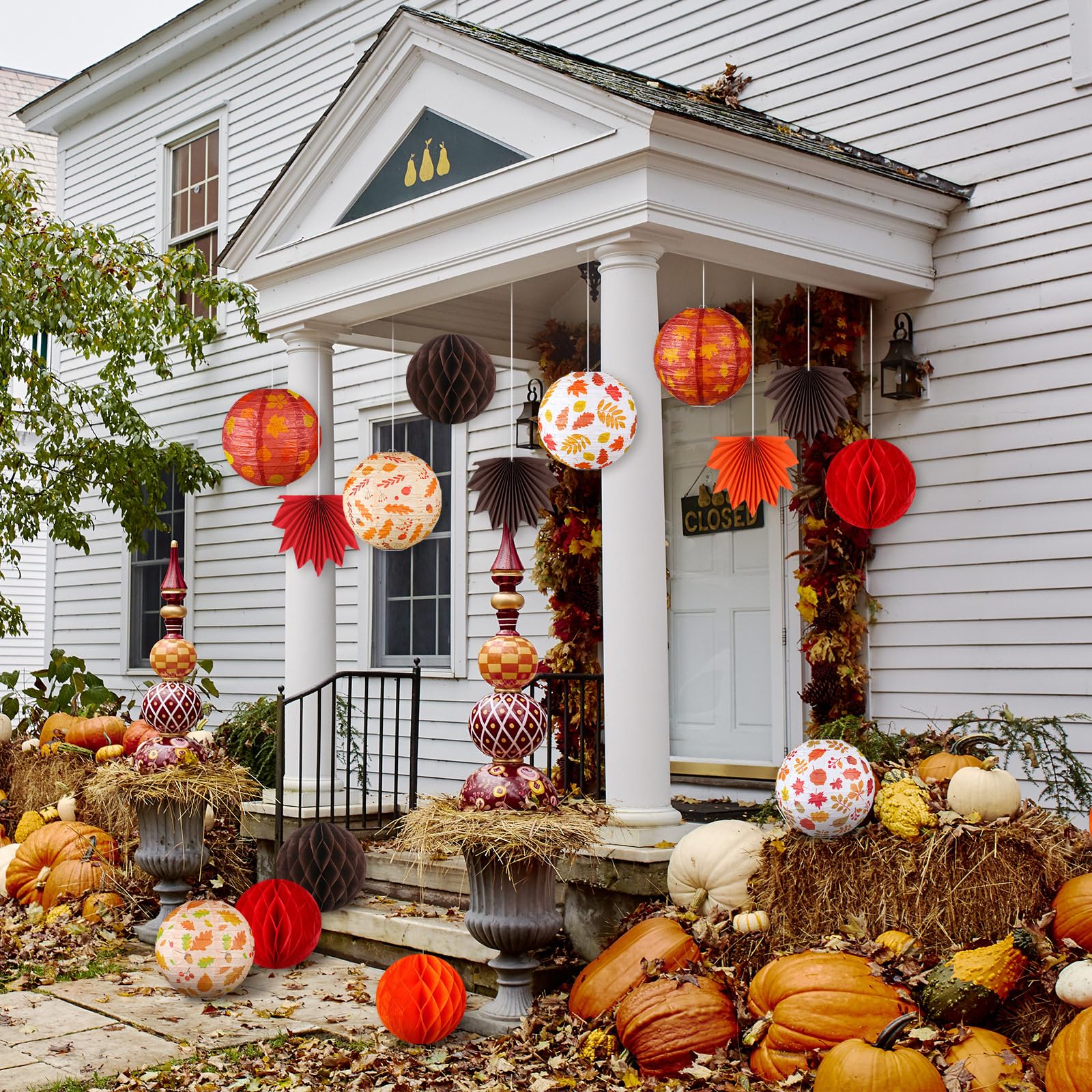 Retisee 18 Pcs Thanksgiving Party Decoration Fall Paper Lanterns Autumn Maple Leaves Paper Fans Round Honeycomb Orange Brown Lanterns Thanksgiving Hanging Decoration for Fall Harvest Party Supplies