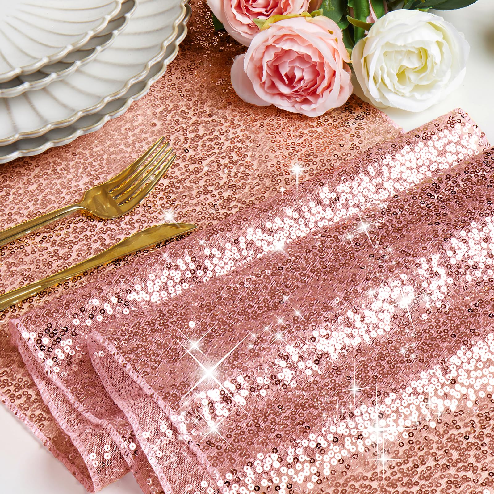 RUDONG M 6 Pack Rose Gold Sequin Table Runner 12 x 108 Inch, Rectangle Glitter Table Runner Dining Table Centerpiece Decorations for Weddings, Banquet, Holiday, Birthday Party