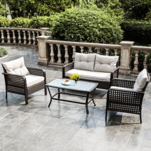 royalcraft patio furniture set 4 pieces, wicker conversation sets with cushions and glass coffee table, outdoor rattan chair for garden backyard porch balcony deck, brown and beige