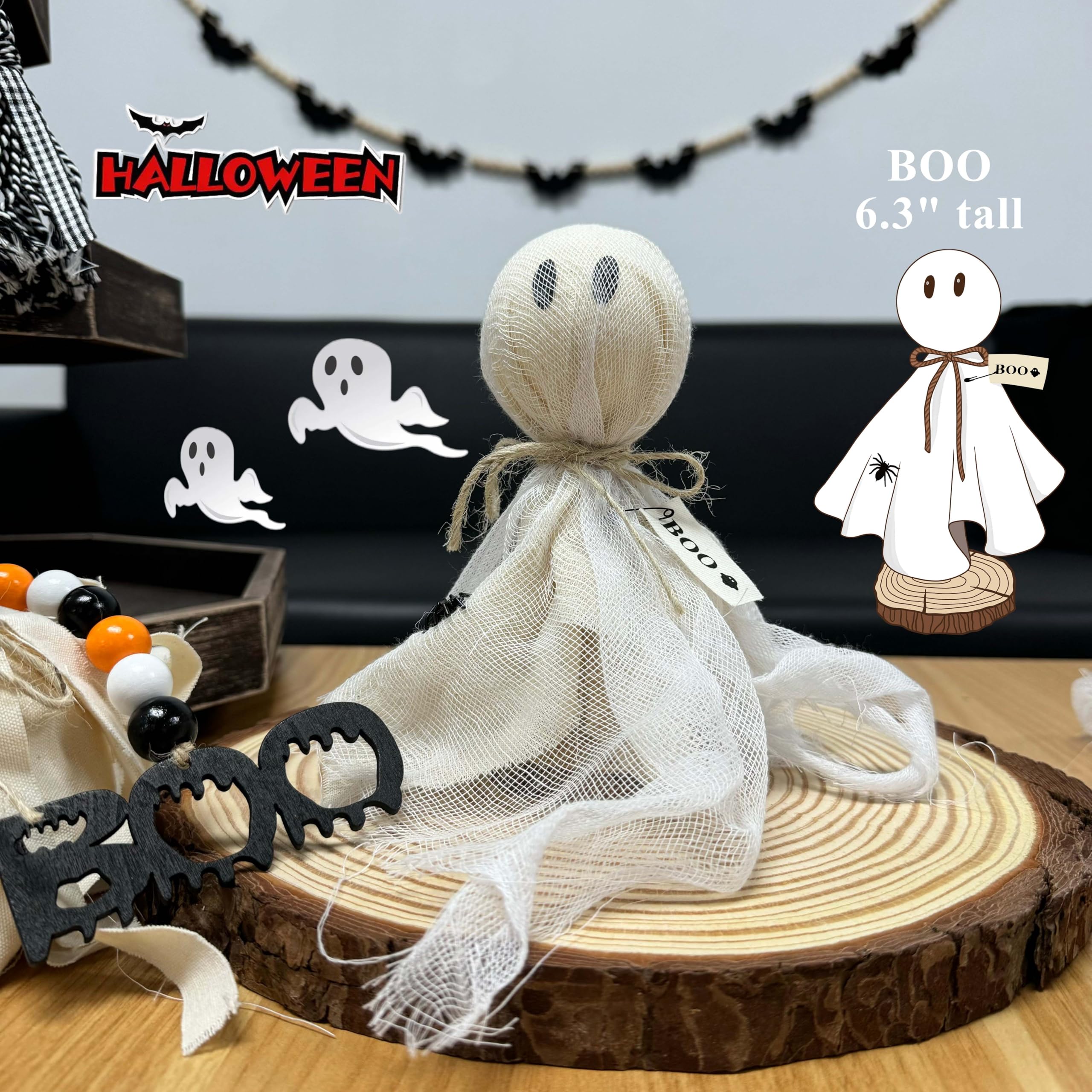 Seslust Set of 3 Primitive Halloween Ghosts on Wooden Stand - Spooky Table Centerpieces and Shelf Sitters for Indoor Halloween Decor