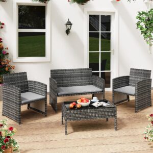 LHBcraft 4-Piece Patio Furniture Set Outdoor Wicker Rattan Chairs and Loveseat with Cushions and Glass Table for Garden, Backyard, Balcony, Porch, or Poolside - Grey and Grey