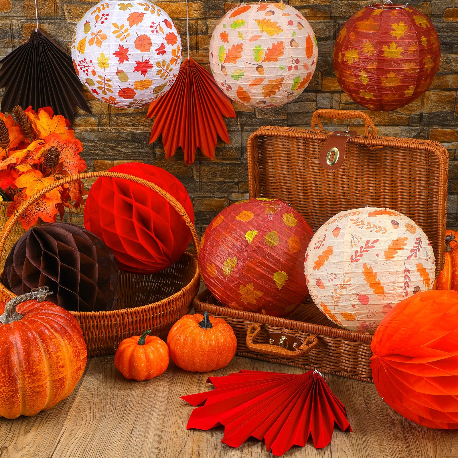 Retisee 18 Pcs Thanksgiving Party Decoration Fall Paper Lanterns Autumn Maple Leaves Paper Fans Round Honeycomb Orange Brown Lanterns Thanksgiving Hanging Decoration for Fall Harvest Party Supplies