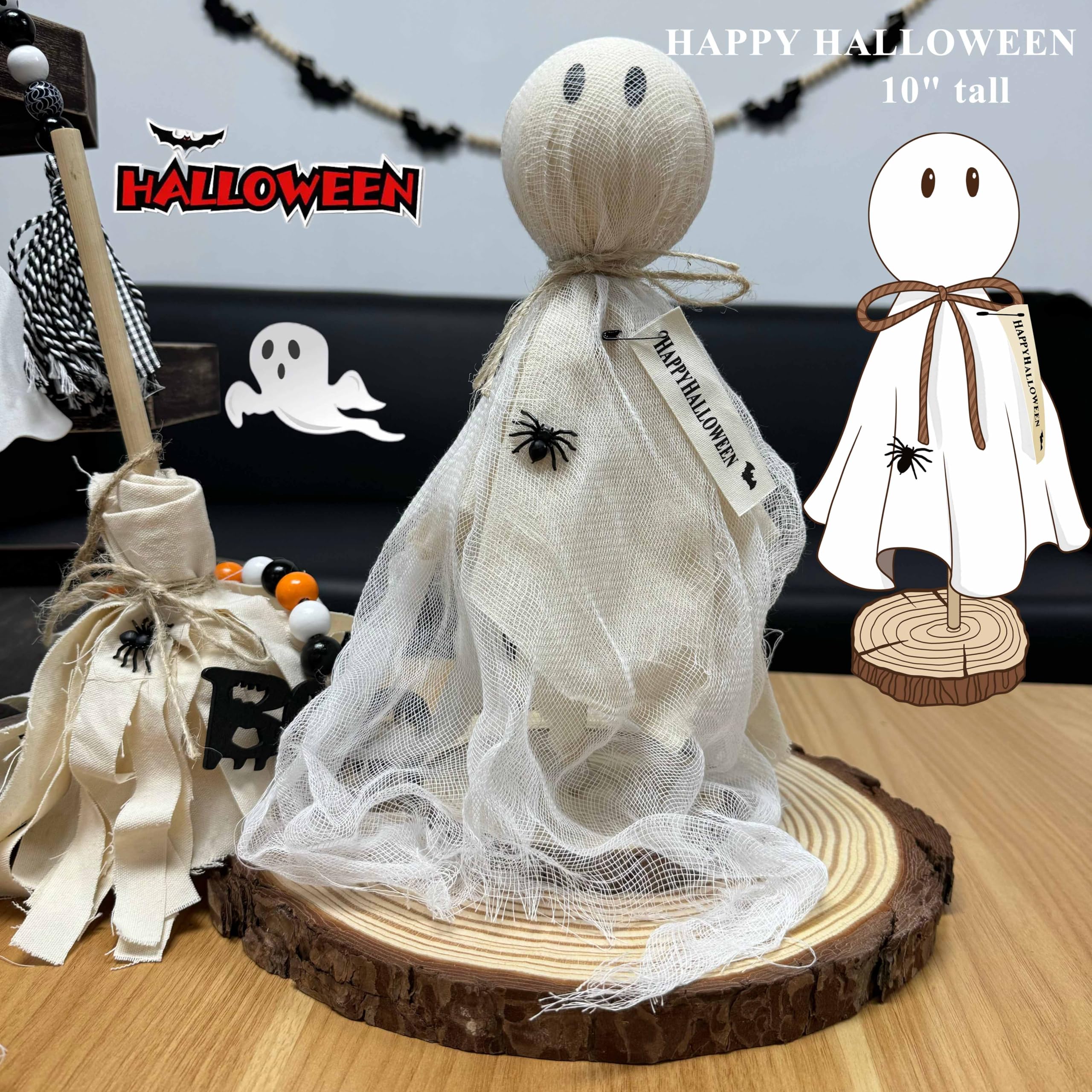 Seslust Set of 3 Primitive Halloween Ghosts on Wooden Stand - Spooky Table Centerpieces and Shelf Sitters for Indoor Halloween Decor