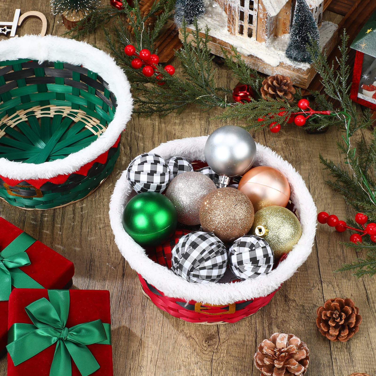 Youyole 4 Pieces Christmas Basket for Gifts Snowman Woven Bamboo Basket Xmas Round Gingerbread Basket Small Santa Claus for Christmas Party Supplies Gift Snack Storage