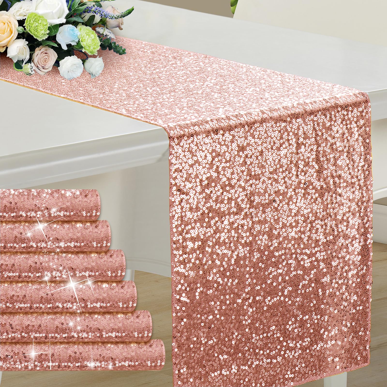 RUDONG M 6 Pack Rose Gold Sequin Table Runner 12 x 108 Inch, Rectangle Glitter Table Runner Dining Table Centerpiece Decorations for Weddings, Banquet, Holiday, Birthday Party