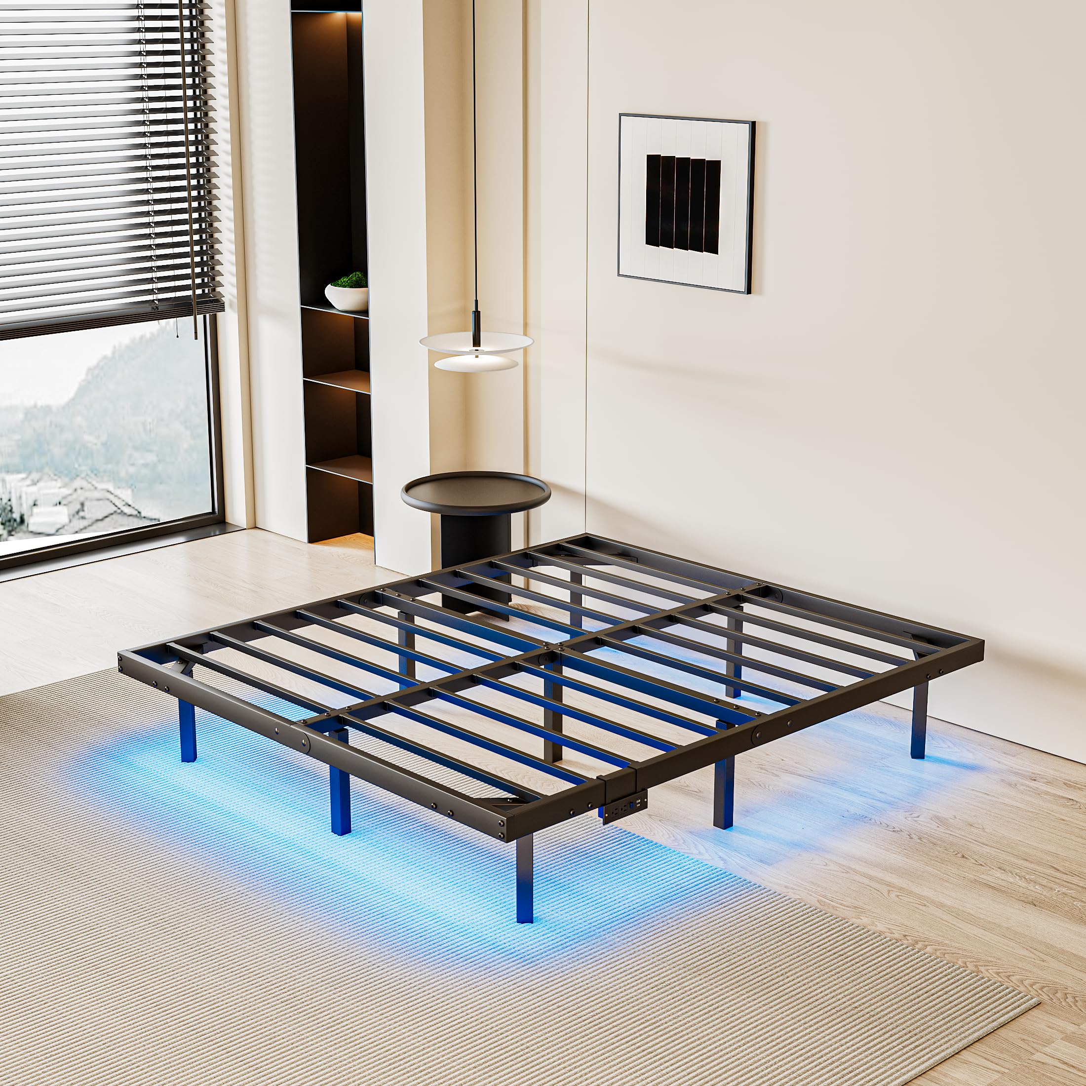 qimamo 14 Inch Floating Queen Bed Frame with Smart LED Lights and Charging Station, Modern Metal Queen Bed Frame, Easy to Assemble, No Box Spring Needed (Queen)