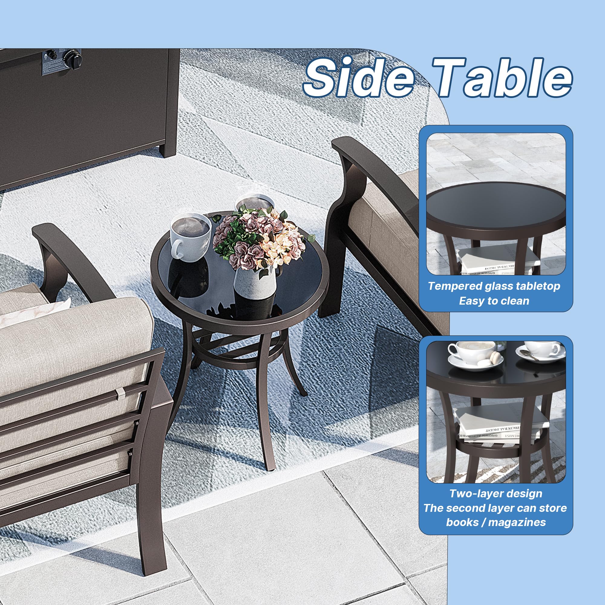 Kurapika 3 Pieces Patio Furniture Set, Outdoor Aluminum Swivel Gliders Rocker, Patio Bistro Set Rocking Chair with Thickened Cushions and Tempered Glass Side Table for Porch Garden Deck (Grey)