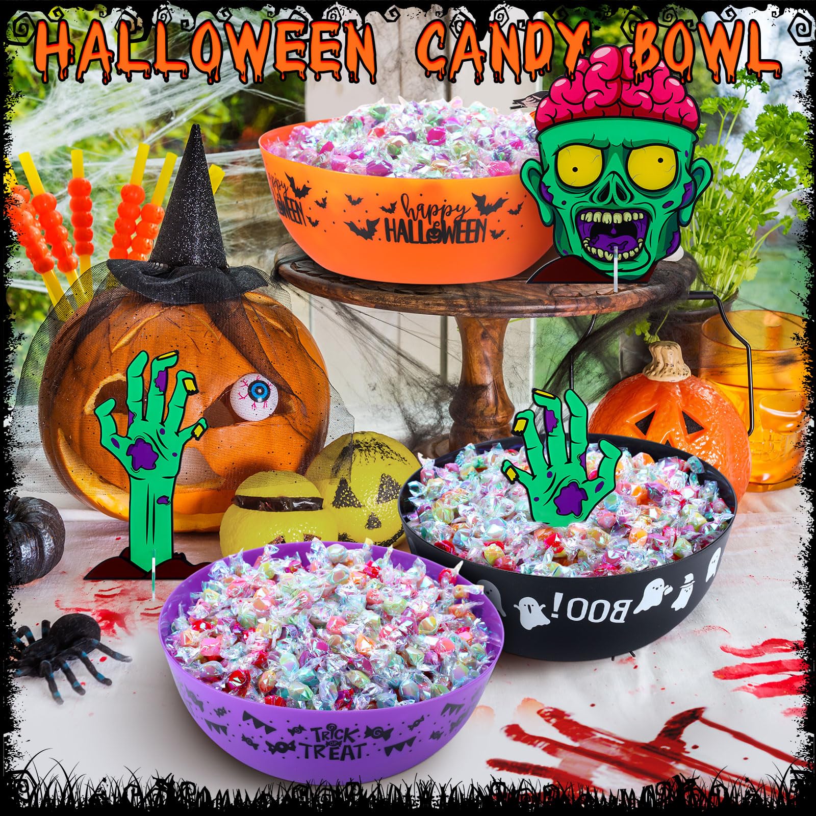 Tioncy 3 Set Large Halloween Candy Bowl with Spooky Zombie Head Hand,Plastic Trick Treat Candy Bowl Dish Halloween Serving Bowl Candy Holders Halloween Party Supplies Home Decor