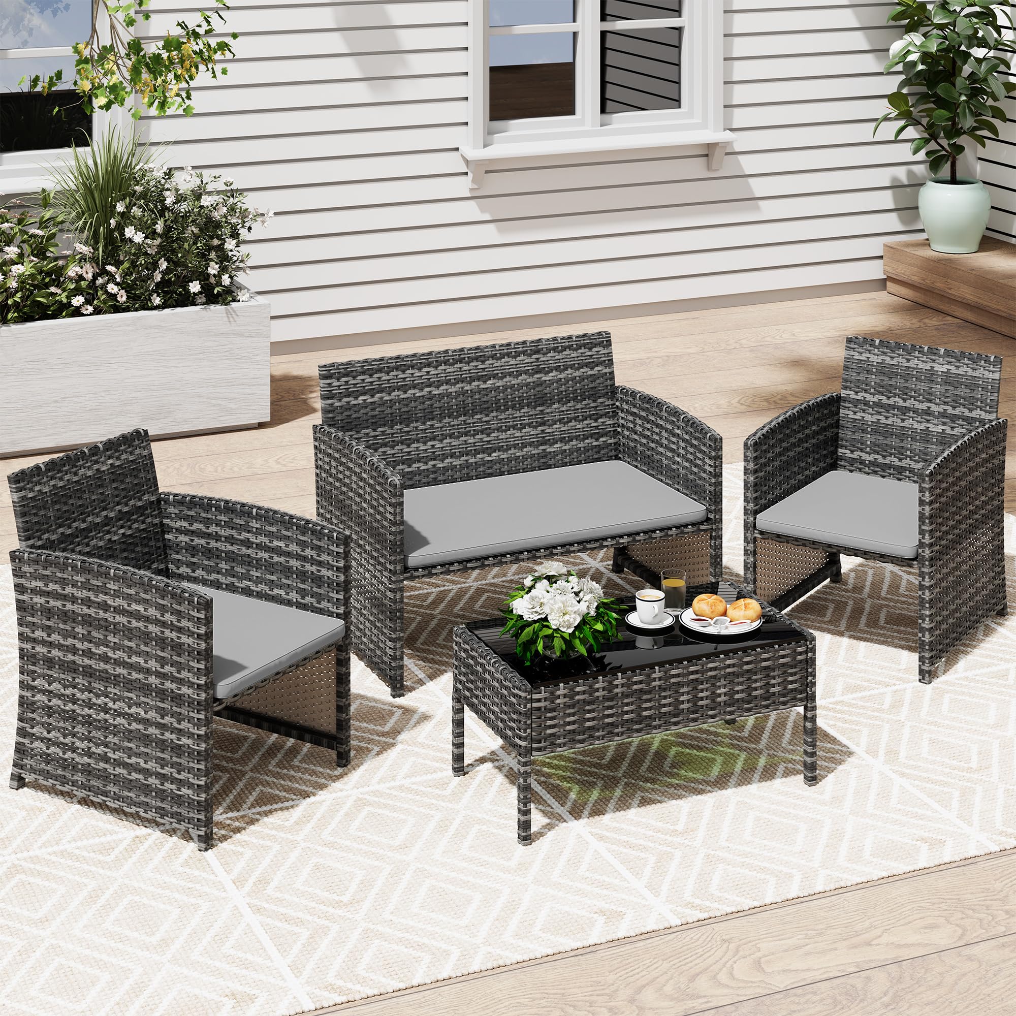 LHBcraft 4-Piece Patio Furniture Set Outdoor Wicker Rattan Chairs and Loveseat with Cushions and Glass Table for Garden, Backyard, Balcony, Porch, or Poolside - Grey and Grey