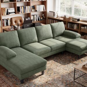 LINSY HOME U Sectional Couch, 111'' W Corduroy Sofa with Sleepable Armrests, 4 Seat Couch with Double Chaises, Deep Sofa for Living Room, Army Green