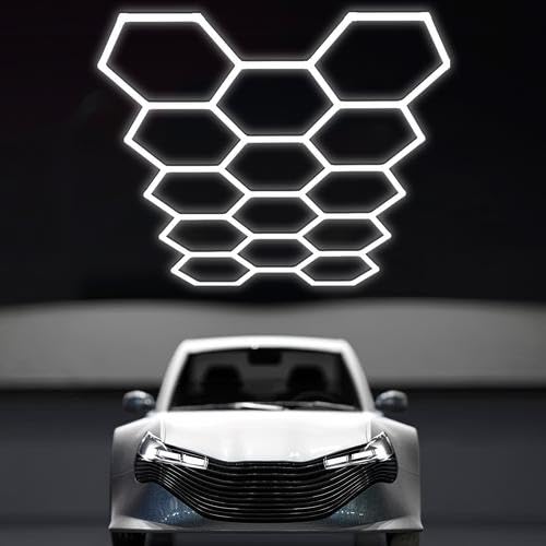 Hexagon Garage Lights: 6500K Cool White 14 Grid Hex Garage Light, 57 Packs LED Light, Super Bright Honeycomb Hexagon Ceiling Llight for Car Detailing Garage Workshop Basement Gym Barber