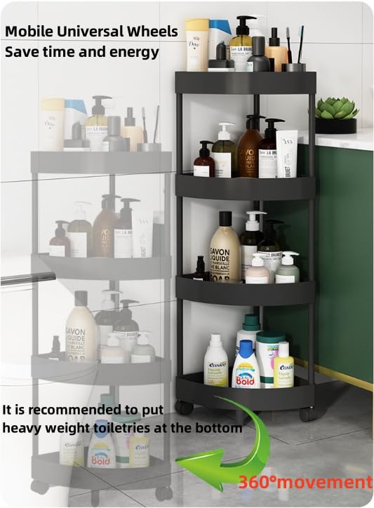 ANDSYYDS 3 Tier Shelf Bathroom Shelf Organizer Movable Universal Wheels Space Saving Corner Triangle Small Shelf Stand for Bathroom,Kitchen,Vanity Storage and Organizer (Black 3-Ply)