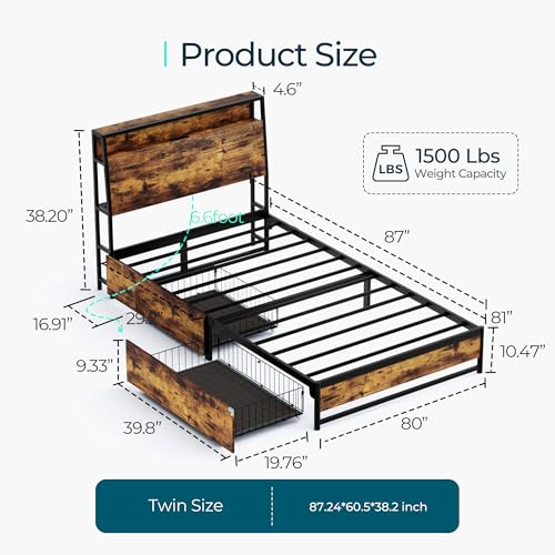 LINSY Twin Bed Frames with Ergonomic Headboard & Lights, Twin Size Bed Frame with 2 Drawers & Charger, Kids Bed Frame with Storage, Rustic Brown