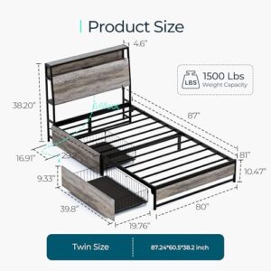 LINSY Twin Bed Frames with Ergonomic Headboard & Lights, Twin Size Bed Frame with 2 Drawers & Charger, Kids Bed Frame with Storage, Greige