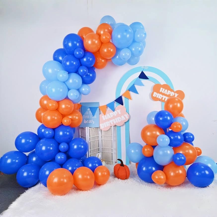 Blue and Orange Balloons Garland Arch Kit, 122 PC Dark Blue and Orange Balloons, Orange Royal Bright Baby Blue Party Balloon for Boy Kids Birthday Baby Shower Gender Reveal Graduation Party Decoration