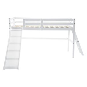 VINGLI Loft Bed with Slide, Twin, Space Saving Kids Low Loft Bed with Guardrail and Ladder, Pine Wood and Sturdy Bed Frame for Boys and Girls, White