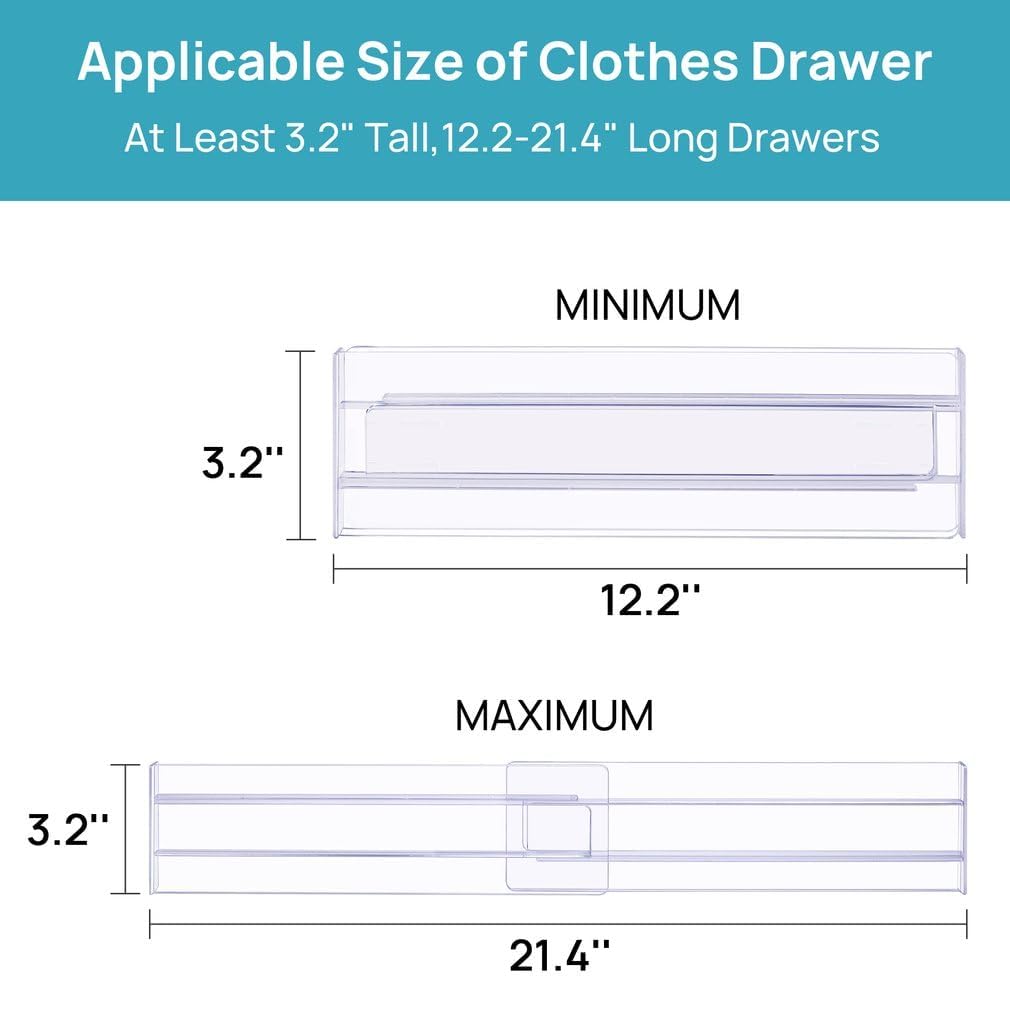 Flyxiregg Drawer Dividers Organizers 8 Pack, Adjustable 3.2" High Expandable from 12.2-21.4" Kitchen Drawer Organizer, Clear Plastic Drawers Separators