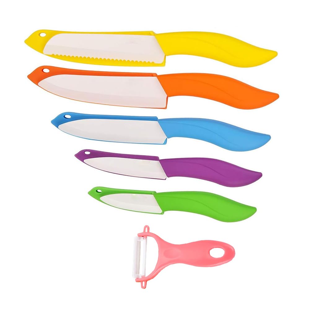 Ceramic Knife Set 6 Piece Ceramic Knives Colored with Cover Kitchen Knife Set include Peeler 3 inch Paring Knife Bread knife 6 inch Small Chef Knife