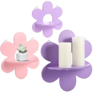 soaoo 3 pcs daisy wall shelf wooden boho daisy shelf hanging display daisy decor shelf for living room bathroom bedroom(purple and pink)