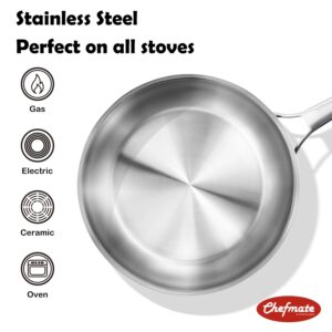 12 inch Tri-Ply Stainless Steel Pan,PFOA&PTFE Free Skillets,Chef's Pans,Dishwasher and Oven Safe Cookware, Works on Induction,Ceramic and Gas Cooktops